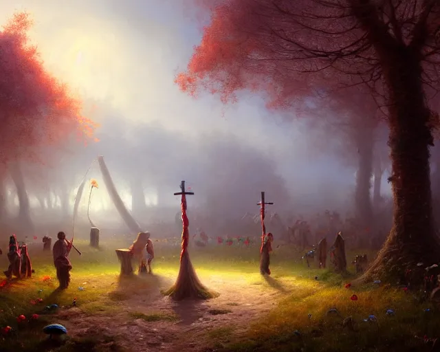 Prompt: digital painting of a maypole dance near small cottage surrounded by mushrooms, concept art, high detail, volumetric, godrays, vivid, beautiful, trending on artstation, by Greg Rutkowski, no focus, huge scene, daylight