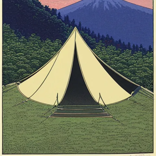 Image similar to tent on a mountian, kawase hasui