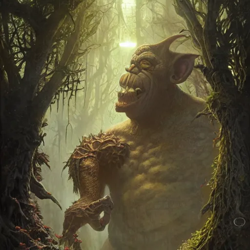 Image similar to a hyperrealistic illustration of a mix of an oger and giant and goblin, 8 k ultra realistic creature, detailed intricate, with fractal sunlight, award - winning, masterpiece, in the style of tom bagshaw, cedric peyravernay, peter mohrbacher