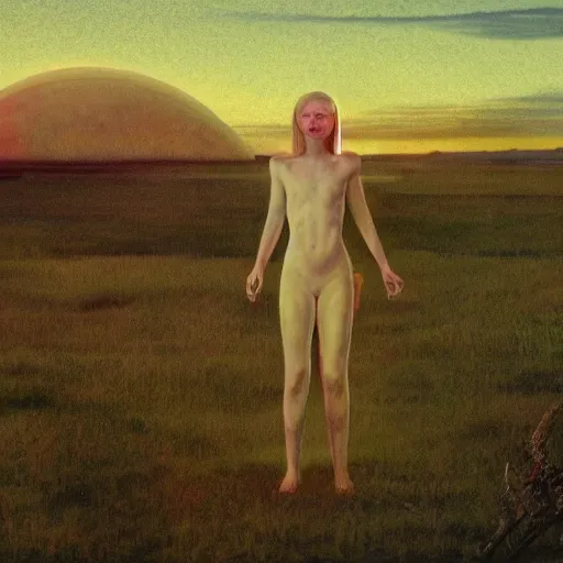 Prompt: Elle Fanning in the painted world of Alien, head and shoulders masterpiece, apocalypse, golden hour, cosmic horror, artstation, in the style of Andrew Wyeth and Edward Hopper and Bosch, extremely detailed