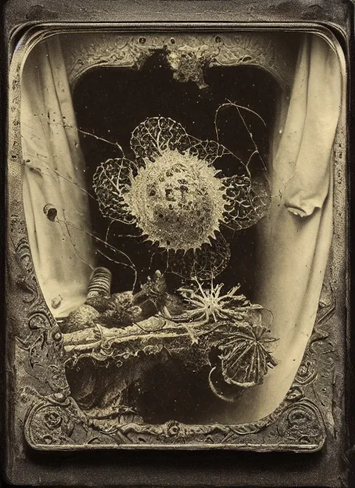 Image similar to old wetplate daguerreotype birth of artificial life, fractal, intricate, elegant, highly detailed, parallax, leica, medium format, subsurface scattering, by jheronimus bosch and greg rutkowski and louis jacques mande daguerre