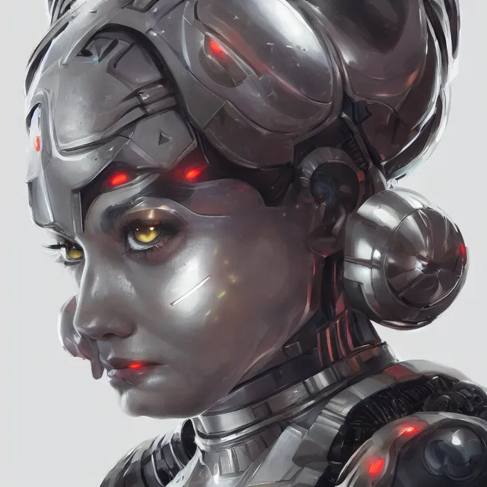 Image similar to cyborg bjork, portrait, symmetrical, highly detailed, digital painting, trending on artstation, concept art, sharp focus, illustration, art by artgerm and greg rutkowski and magali villeneuv