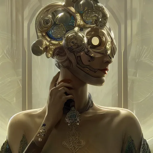 Image similar to a cyborg empress with mask, art nouveau ivory accessories, cyberpunk, darksynth, luxury, concept art by jama jurabaev, extremely detailed, ominous, ethereal, artstation, andree wallin, edvige faini, balaskas, alphonse mucha, symmetry