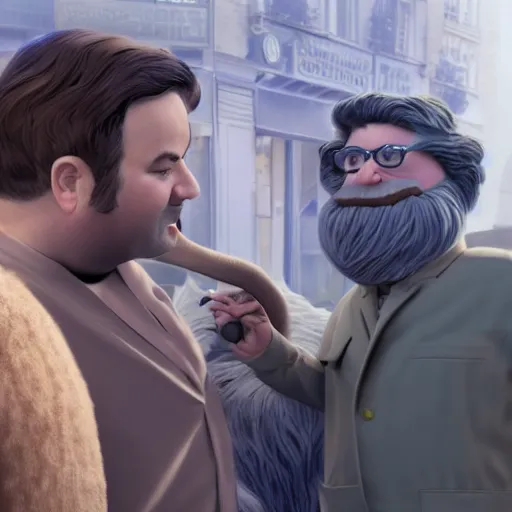 Prompt: rich evans and mike stoklasa save george lucas from a crackhead wookie in 1 9 3 0 s paris, hyperrealistic, 4 k, ultra detailed, intricate detail, octane render, photorealistic, muppet