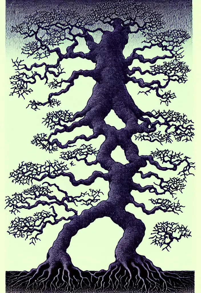 Image similar to prompt: magical white skeleton Bonsai tree roots merging into big moon drawn by Rene Magritte, Japanese woodblock print style, clean ink detailed line drawing, intricate detail, manga 1990
