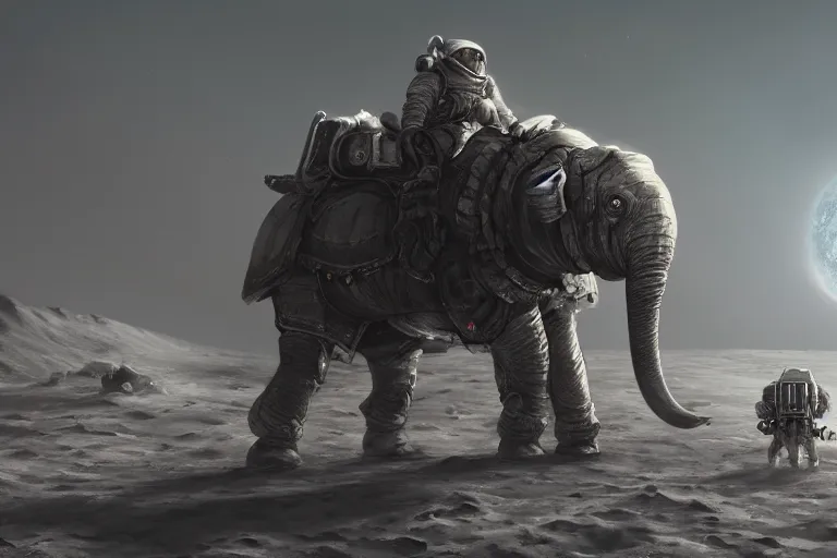 Prompt: an armored battle elephant on the moon, sci-fi art, oil painting, trending on artstation, 4k, high quality