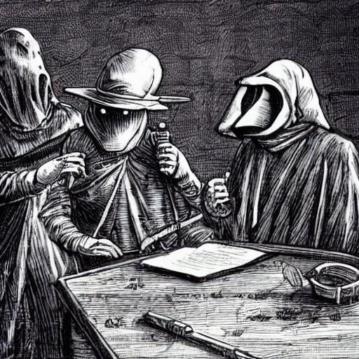 Prompt: leonardo davinci and a plague doctor hosting a podcast, intricate, highly detailed, comic book style, 4 k, concept art, table with microphones