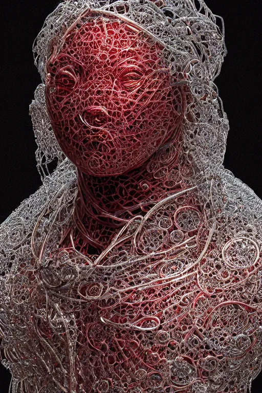 Prompt: a melancholic realistic 8k Sculpture of a complex robotic human face, liquid simulation, dramatic lighting, silver gold red details, hexagonal mesh wire, filigree intricate details, cinematic, fleshy musculature, white blossoms, elegant, octane render, art nouveau, 8k post-processing, intricate artwork by marc simonetti