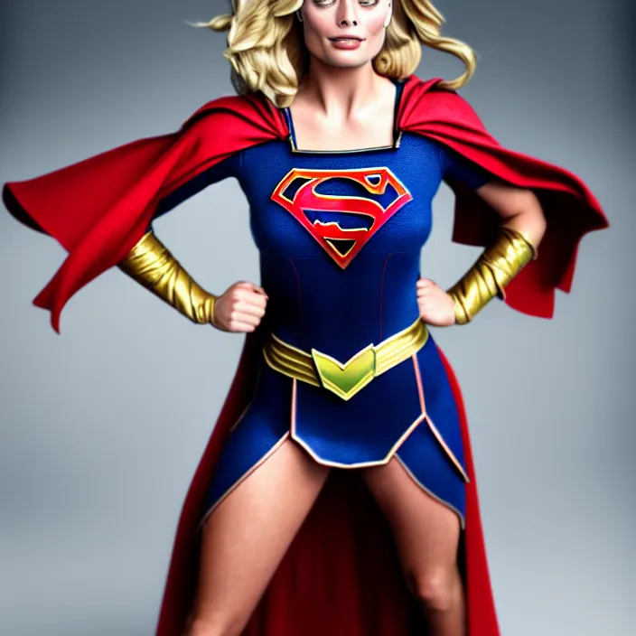 Image similar to full length portrait photograph of a margot robbie as supergirl. Extremely detailed. 8k