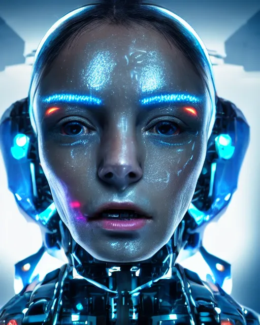 Image similar to photo of sweaty soulful female as a cyberpunk mecha humanoid robotic head and face parts with straight bright led lights, light emitting cables seen over cheekbones, sweaty skin dripping down face, ultra - realistic and detailed, long exposure 8 k