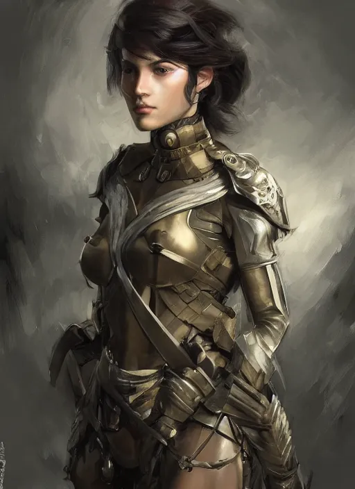 Image similar to a professional painting of a beautiful young female, clothed in military armor, olive skin, long dark hair, beautiful bone structure, symmetrical facial features, intricate, elegant, digital painting, concept art, smooth, sharp focus, illustration, from Metal Gear, by Ruan Jia and Mandy Jurgens and Artgerm and William-Adolphe Bouguerea