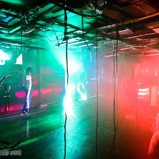 Image similar to underground club, secret, cyberpunk dance music, lights, ambiance