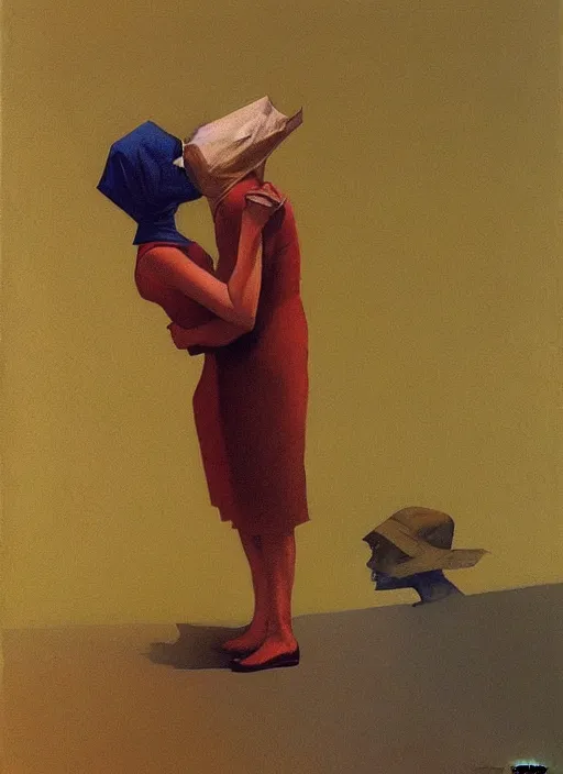 Image similar to kissing women paper bag over the head and a sward Edward Hopper and James Gilleard, Zdzislaw Beksinski, highly detailed