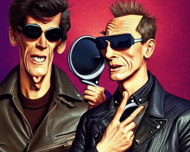 Prompt: beavis and butthead as james bond wearing sunglasses and a leather jacket, photography of kurzgesagt, deep focus, d & d, fantasy, intricate, elegant, highly detailed, digital painting, artstation, concept art, matte, sharp focus, illustration, hearthstone, art by artgerm and greg rutkowski and alphonse mucha