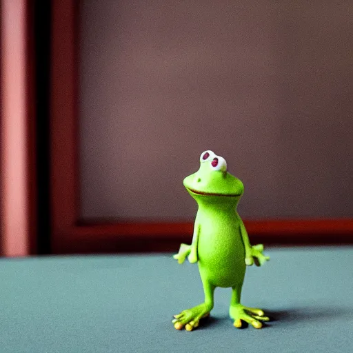 Image similar to a small frog standing on two feet at the hotel reception entry, claymation, aardman animation