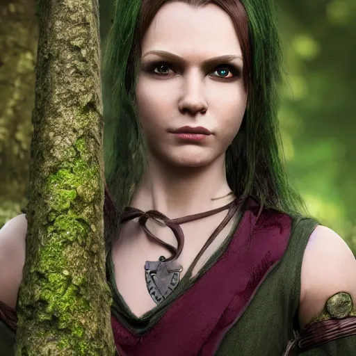 Prompt: anya charlota as a medieval fantasy wood elf, dark purplish hair tucked behind ears, wearing a green tunic with a fur lined collar and brown leather armor, wide, muscular build, scar across nose, one black, scaled arm, cinematic, character art, digital art, forest background, realistic. 8 k,
