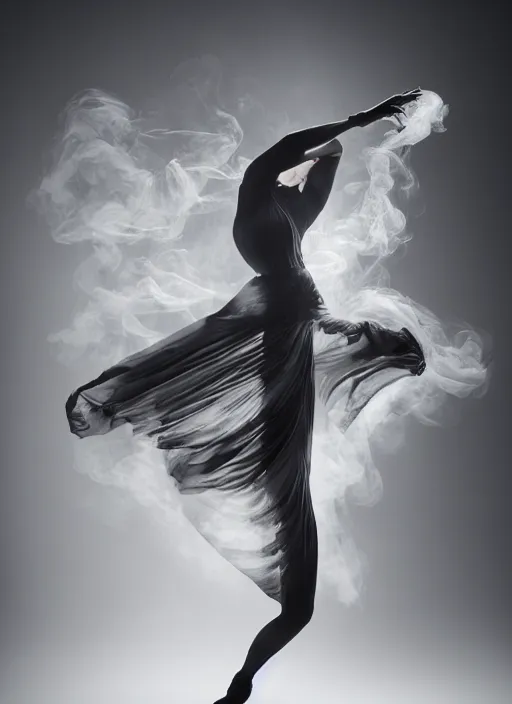 Image similar to a Photorealistic dramatic hyperrealistic render of a glamorous beautiful Female smoke dancer by Ken Brower and Deborah Ory of NYC Dance project,Lois Greenfield,Flowing cloth and smoke,Beautiful dynamic dramatic dark moody lighting,volumetric,shadows,cinematic atmosphere,Octane render,8K