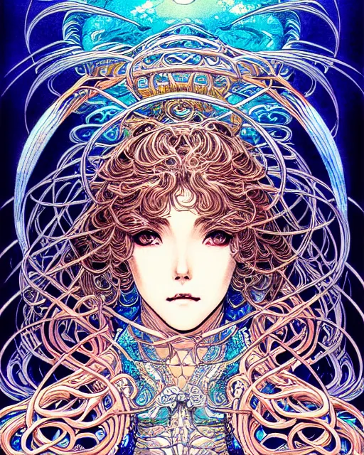 Prompt: hyper detailed illustration of the goddess of the ocean, intricate linework, lighting poster by moebius, ayami kojima, 90's anime, retro fantasy