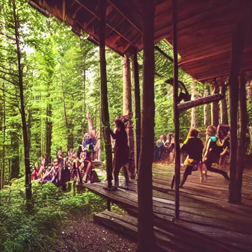 Prompt: wild rave at a beatiful woodland cabin