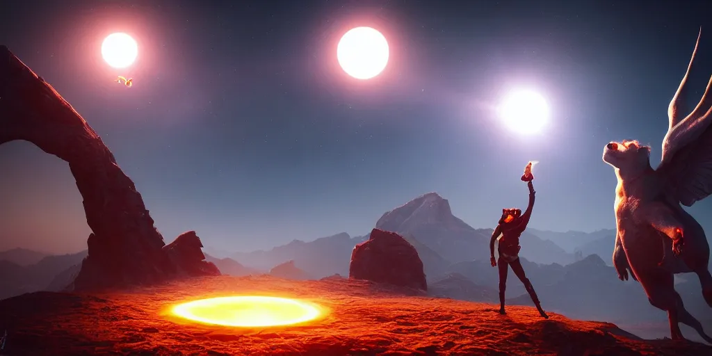 Prompt: Total Eclipse of the sun with ring of fire and magical creatures in space by Gonzalo Kenny and Karcz Michal and Lacoste Raphael, volumetric light moody cinematic epic, game concdept art, 3d render, octane render, trending on artstation, 4k