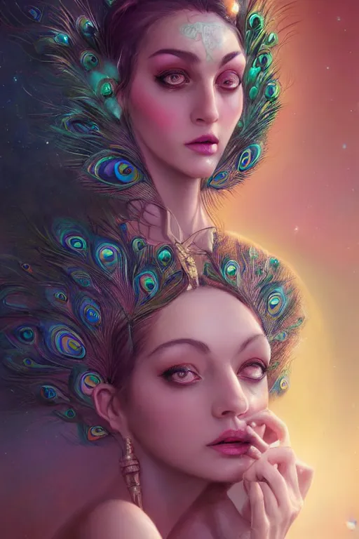 Prompt: portrait of an elegant alien peacock woman queen, straight on portrait, full body character concept art, concept art, by artgerm, tom bagshaw, gerald brom, vaporwave colors, lo - fi colors, vaporwave, lo - fi, moody vibe, goth vibe, 4 k, hd,