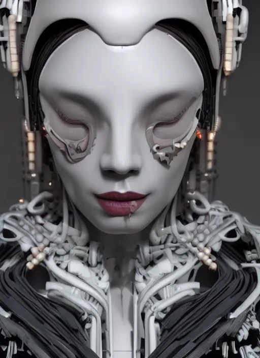 Prompt: a white cast futuristic biomechanical humanoid woman with prety face, a most beautifull form of chaos by a brutalist designed,, cyberpunk, 8 k,