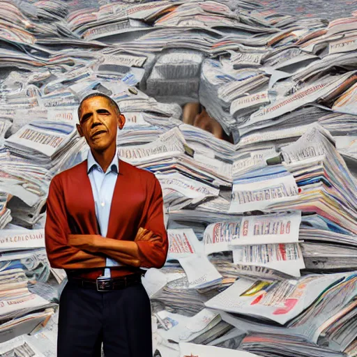 Image similar to obama nervously standing by a mountain of papers, realistic extremely detailed photo style painting, granular detail, holographic krypton ion, octane render, 4 k, f 3 2, 5 5 mm photography, wide angle