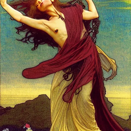 Image similar to a golden swordsman leans back as he dances elegantly in the wind, his robes and long hair flowing in the breeze, his enemies lying on the ground below, fantasy, Mucha, MTG, Game of Thrones, salsa dancing, Rossetti, Millais