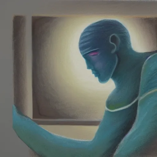 Prompt: a pastel painting of a brooding galactic king staring at the galaxy outside their giant window