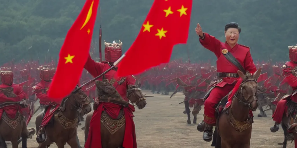 Image similar to mid shot cinematic artwork of a President Xi commanding an ancient Chinese army wearing red armor and holding red flags on the battlefield by greg rutowski, masterpiece, 4k