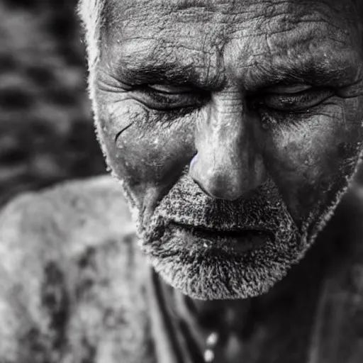 Prompt: award winning cinematic still close up portrait of 53 year old Mediterranean skinned man, short hair, in ancient Canaanite clothing crying in the sunset, sad, depressed, lonely, Biblical epic directed by Christopher Nolan