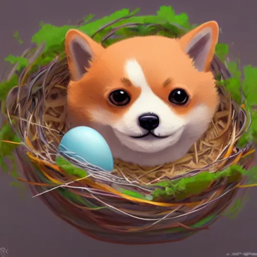 Prompt: concept art of a baby corgi hatching from an egg in a colorful nest, realistic, detailed, cel shaded, in the style of makoto shinkai and greg rutkowski and james gurney