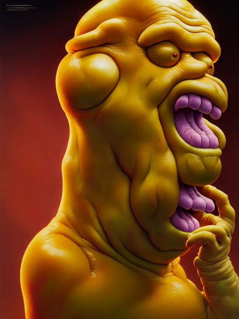 Image similar to hyperrealistic rendering, fat smooth cronenberg flesh monster homer simpson by donato giancola and greg rutkowski and wayne barlow and zdzisław beksinski, product photography, action figure, sofubi, studio lighting, colored gels, colored background