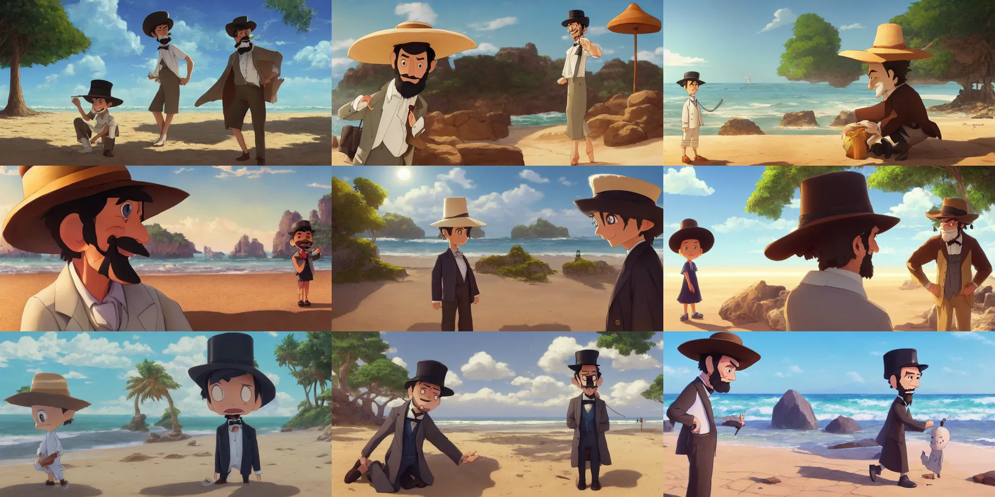 Prompt: a wholesome animation key shot of a cute abraham lincoln on a beach wearing a sunhat, studio ghibli, pixar and disney animation, sharp, rendered in unreal engine 5, anime key art by greg rutkowski, bloom, dramatic, dynamic lighting