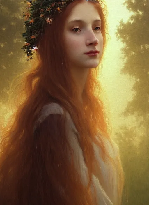 Image similar to oil painting close up portrait of a beautiful young woman with long flowing straight red hair, wearing a crown of wildflowers!! at sunset, hazy, digital art, chiaroscuro, artstation, cinematic, golden hour, digital art painting by greg rutkowski, william - adolphe bouguereau, hazy atmosphere, cinematic lighting