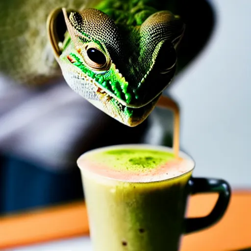 Image similar to peach matcha latte being served by a cute lizard, high quality food photography