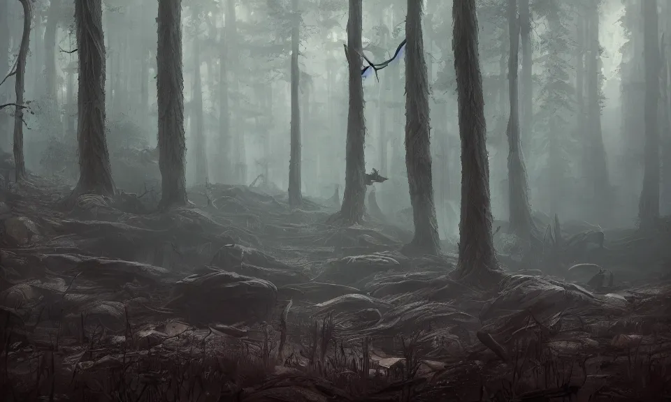 Prompt: shadows crawling in the lifeless Forest, Greg Rutkowski, ArtStation, CGSociety, Unreal Engine