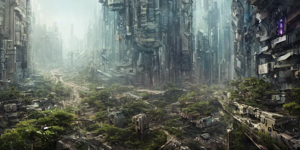 Image similar to beautiful nature reclaiming a dystopian city, cyberpunk, sharp focus, dynamic lights, still, photograph, hyper realistic, masterpiece, octane render, rendered, 3 d, cinematic, cinematic lighting, dramatic lighting, highly detailed, intricate details, texture, cinematic composition, wide shot, by donglu yu and kevin jick and eddie del rio