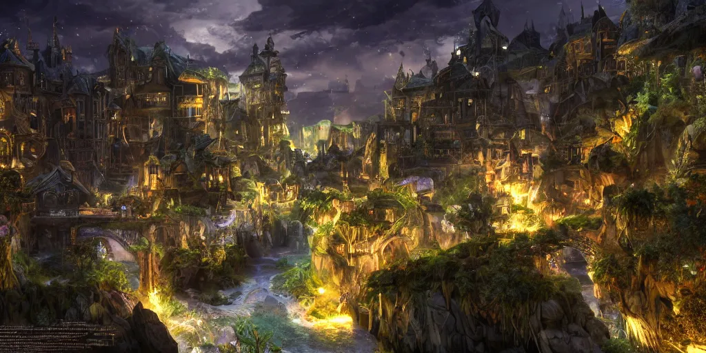 Prompt: beautiful and immersive magical town, magical buildings, bioluminescent forest surrounding, gentle rivers flowing through town, award - winning digital art on pixiv, trending on artstation - cinematic lighting, dramatic lighting, stunning and beautiful view - unbelievably amazing - highly detailed, hyperrealistic, unreal engine 5, in the style of kingdom hearts and final fantasy