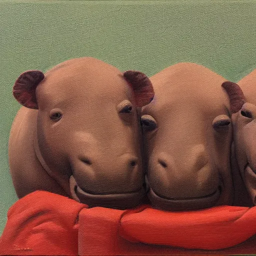 Prompt: Three Hippos wearing towels sitting in a sauna, oil painting