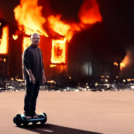 Image similar to Photo of Walter White standing on a hoverboard with several burning buildings behind him, cinematic lighting, highly detailed, 8k