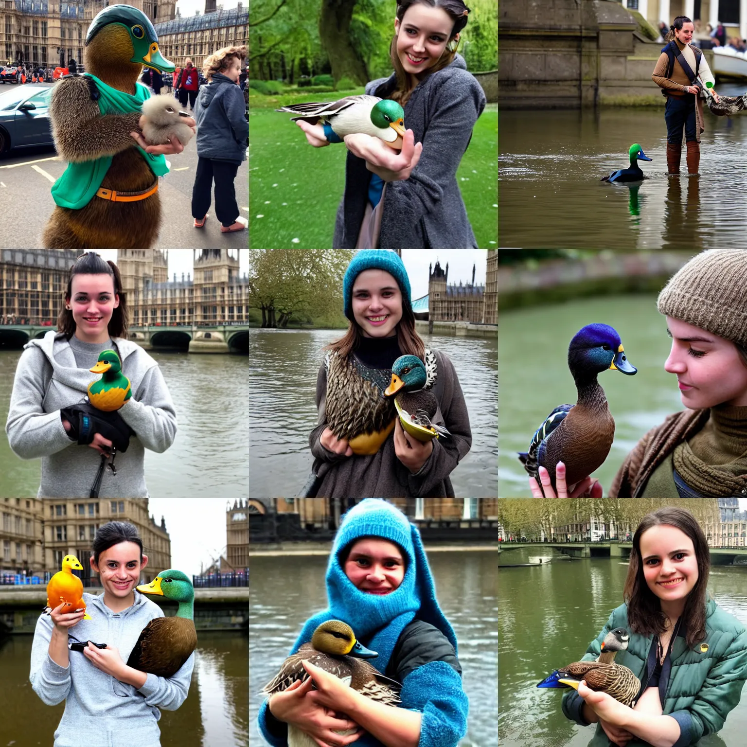 Prompt: Rey Skywalker holding an adorable Mallard Duck in London