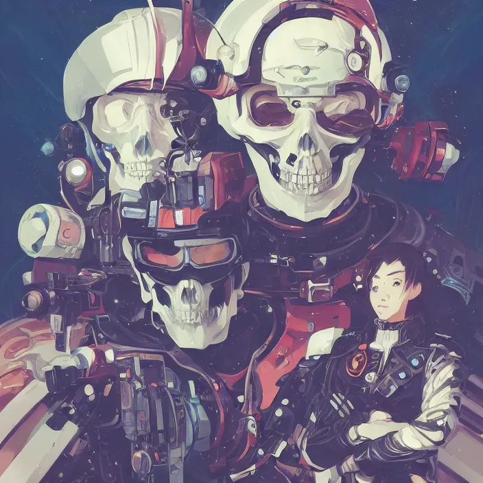 Image similar to anime skull portrait space pirate captain, futuristic science fiction, mucha, hard shadows and strong rim light, art by jc leyendecker and atey ghailan and sachin teng