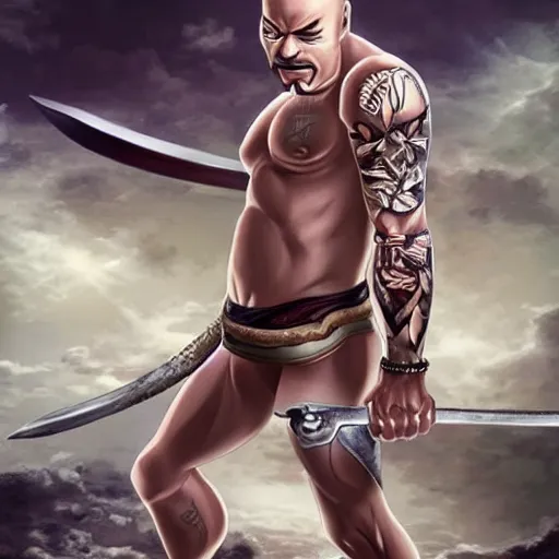 Image similar to muscular bald man, tattooed body, sword in hands, HD, anime style,