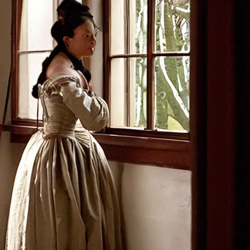 Prompt: scene from a 2 0 1 0 film set in 1 6 5 0 showing a woman standing next to a window