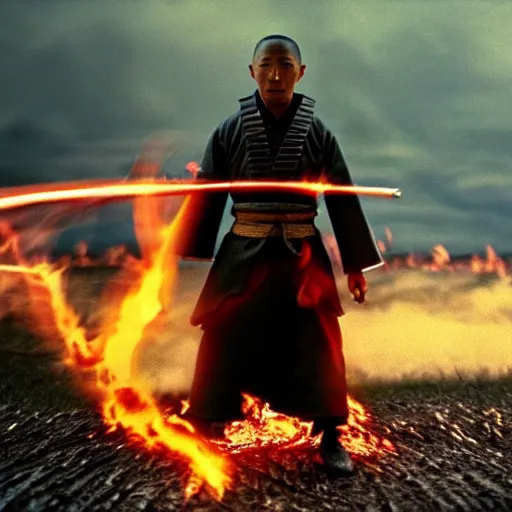 Image similar to cinematic film still Pharrell Williams starring as a Samurai holding fire, Japanese CGI, VFX, 2003, 40mm lens, shallow depth of field,film photography