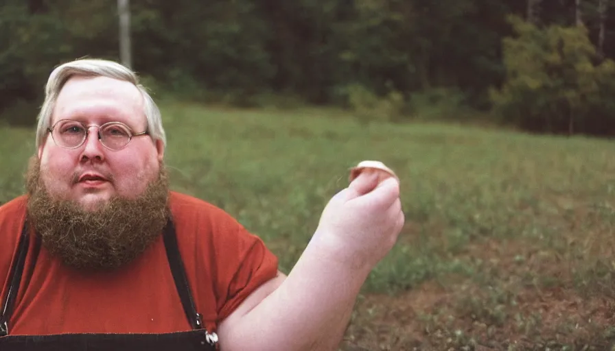 Image similar to far view, extremely fat obese mitch mcconnell with long beard, wearing dirty overalls, dirty greasy face, grin, portrait, close up, kodak gold 2 0 0, 5 0 mm,