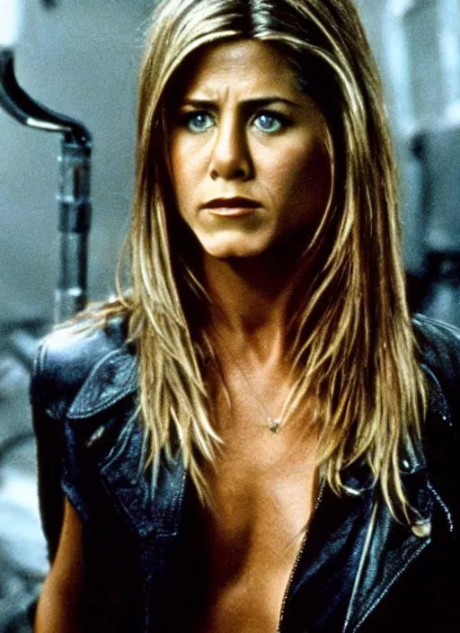 Prompt: film still of Jennifer Aniston as The Terminator in The Terminator, 4k