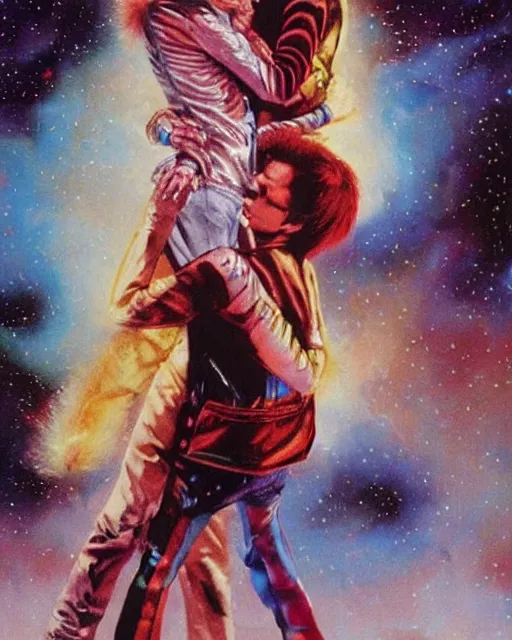 Image similar to david bowie giving a piggy back ride to ziggy stardust. glam rock. cosmic. peter elson. detailed faces over shoulder