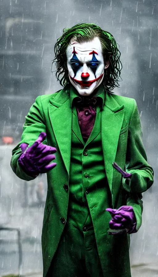 Prompt: joaquin pheonix as the joker, in the rain